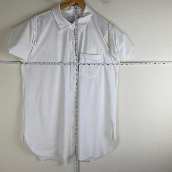 LYSSÉ Schiffer Button Down Shirt Size L White Stretch Top Staple Timeless Career - Picture 14 of 14
